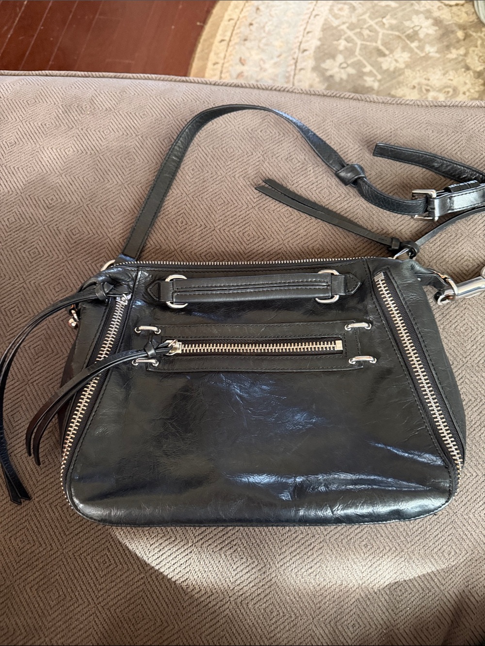 Joelle Hawkens Black Leather Tassel Satchel Handbag Crossbody Moto
